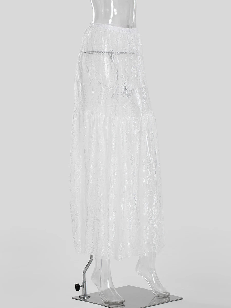 Lace Jacquard Transperant Skirt Women Summer New High Waist Sexy Casual Long Skirts 2025 Streetwear Fashion White Maxi Skirt