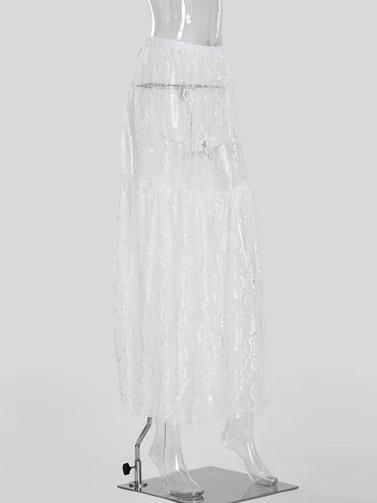 Lace Jacquard Transperant Skirt Women Summer New High Waist Sexy Casual Long Skirts 2025 Streetwear Fashion White Maxi Skirt
