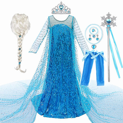 Halloween Elsa Dress Kids Cosplay Costumes Sequined Mesh Ball Gown Carnival Party Frozen Prom Gown Princess Dress for Girl