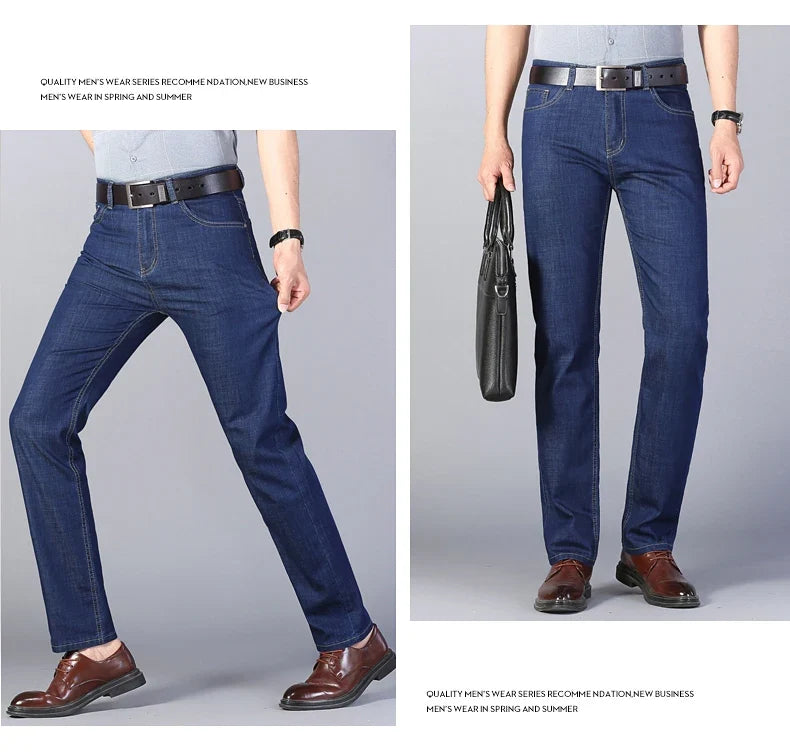 Summer New Elastic Men's Jeans Fashion Comfortable Business Straight Stretch Cotton Casual Denim Pants Brand Male Thin Trousers