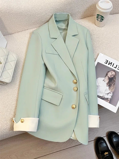 Mint Green Women Blazers 2025 Spring New Jackets Single Breasted Unique Cuff Design Notched Casual Suit Jacket Fashion Lady Coat
