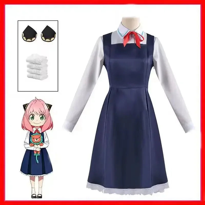 New 3 Piece Anime Spy X Family Anya Faker Costume Cosplay Woman Dress Black Uniform Set Full Halloween Carnival Party Dresses