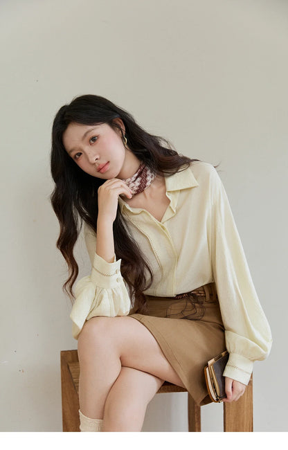 Women's Lapel Lantern Sleeve Shirts 2026 Spring Lace Trim Casual Loose Breathable Solid Shirt Office Lady MXF13C2436