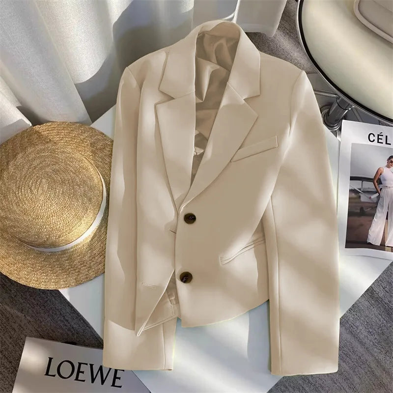 Black Cropped Blazers Woman Trend 2025 New All-match Notched Collar Crop Jacket Women Korean Chic Single Button Suit Coat Tops
