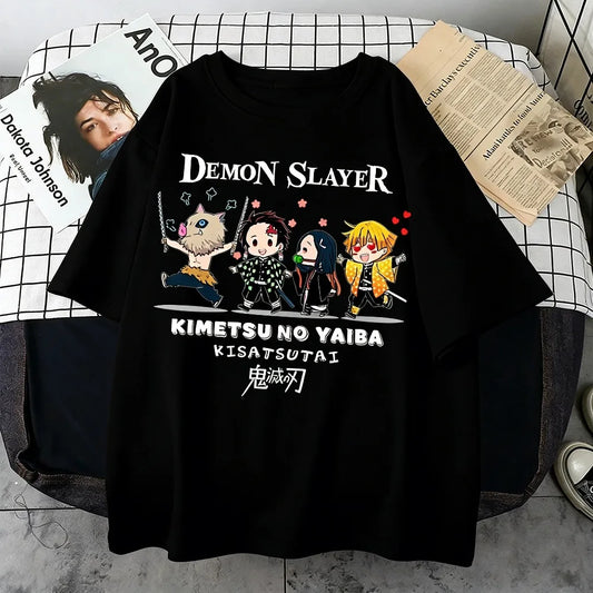 Plus Size Demon Slayer Summer Anime Printed Men, Women T-shirt Casual Parent Child Top Fashion Street Wear Harajuku Style Y2K