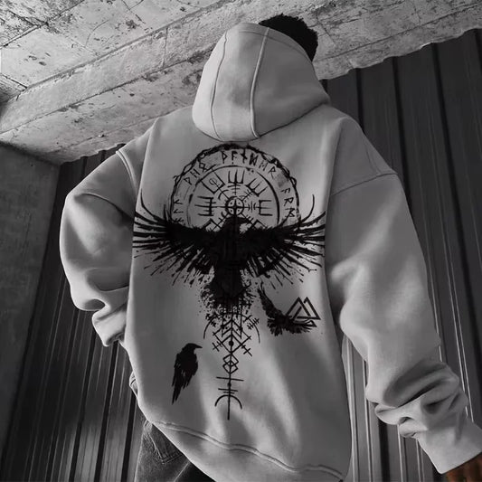 2025 Totem Viking Eagle Print Y2K Men Long-sleeve Hooded Sweatshirt Autumn Winter Daily Outdoor Casual Street Fashion Sportswear