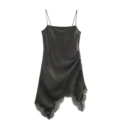 Lace Underwear Sling Dress Women Fashion Autumn Asymmetric satin texture Mini Dresses French Chic Female Evening Clothing
