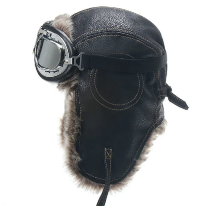 Men Winter Bomber Hat With Goggles Outdoor Motorcycle Windproof Warm Faux Fur Pilot Earflap Hat Leather Thermal Ushanka
