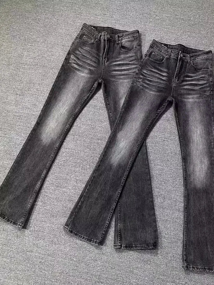 High Street Washed Black Grey Jeans Men Summer Slimming Tall Micro Flared Pants Youth Trendy Long Jeans High Waist