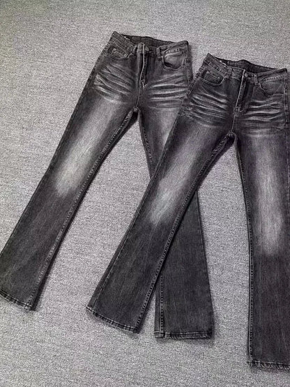 High Street Washed Black Grey Jeans Men Summer Slimming Tall Micro Flared Pants Youth Trendy Long Jeans High Waist