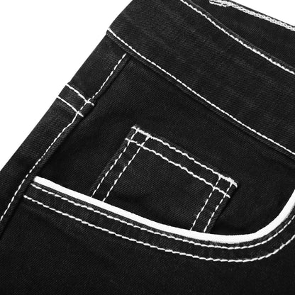 Vintage Men Jean Denim Pants Washed Pockets Mid Waist Zipper Fly Loose Fit Punk Style Distressed Ankle Length Straight Jeans