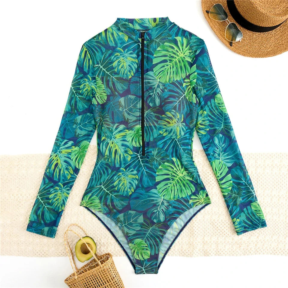 One Piece Sun Protection Swimwear 2026 Women Long Sleeved Print Swimsuit Female Sports Bathers Swimming Bodysuit Beach купальник