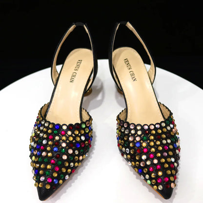 2023 New INS High-Heeled Pointed Toe Wedding Shoes Colorful Full Diamond Design Shoe and Bag Set for Nigeria Party