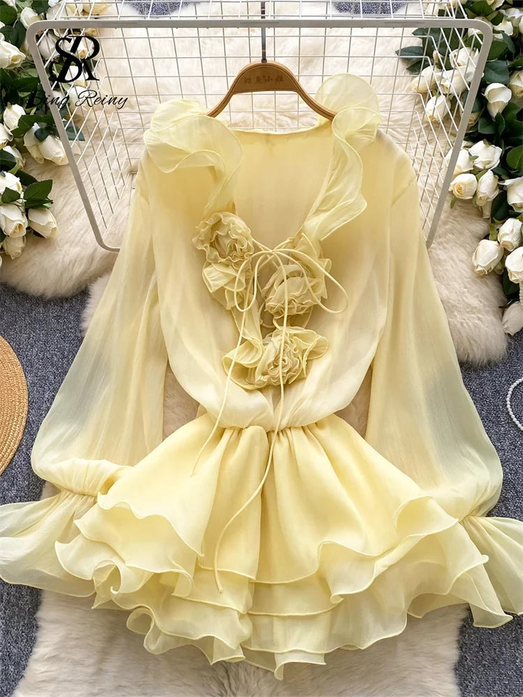3D Floral Beach Short Dress Female Long Sleeves Lace Up Ruffle Chiffon Cake Sundress Sheer Sexy Vintage Bohemian Dress