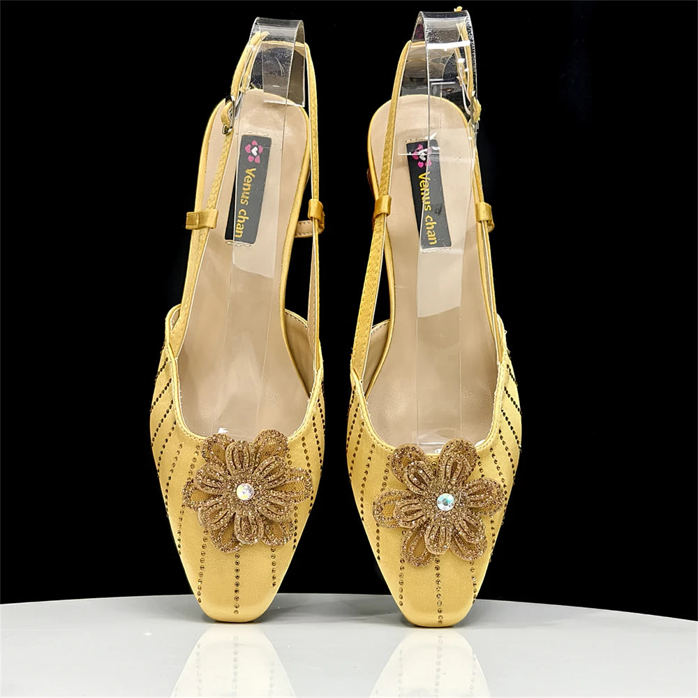 2026 Elegant Gold Color Women's Heels Handbag Set Rhinestone Embellished Designer Shoes for Weddings Special Events