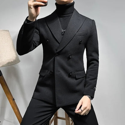 2025 Spring New Men's Waffle Double Breasted Suit Jacket High Quality Business Slim Fit Blazers Groom Social Party Dress Coats