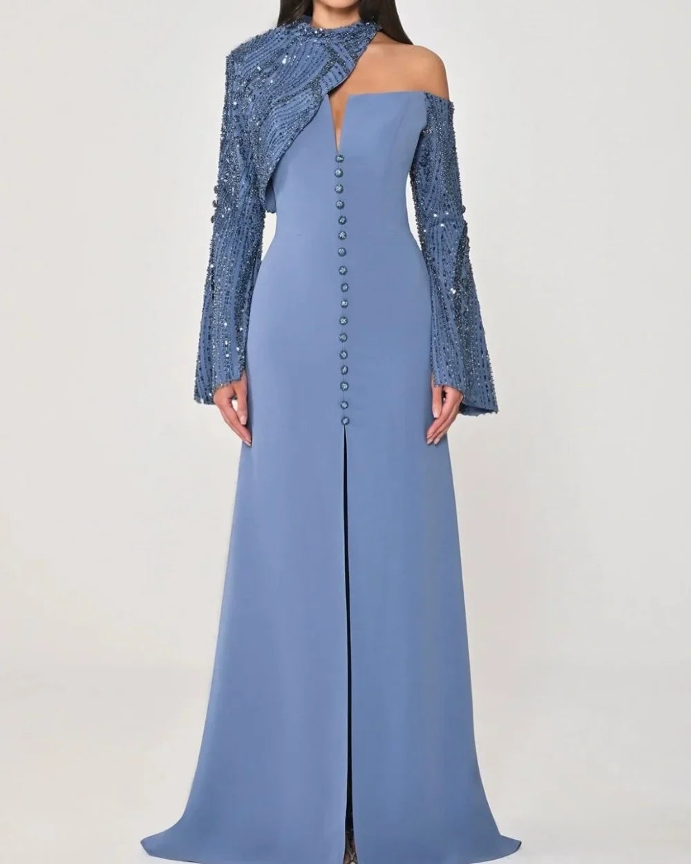 Customized Blue Intricate Luxury Jersey Beading Sequined Button A-line High Collar Long Dresses Evening Dresses High Quality