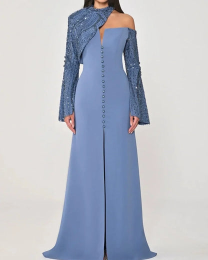 Customized Blue Intricate Luxury Jersey Beading Sequined Button A-line High Collar Long Dresses Evening Dresses High Quality