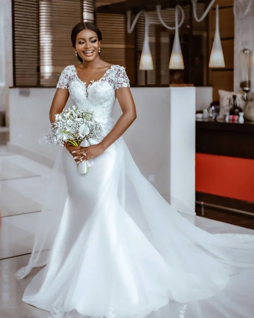 Sparkly Mermaid Satin Long Sleeve Wedding Dress 2024 Lace Appliqus Vestido De Noiva Sereia African Bridal Gown