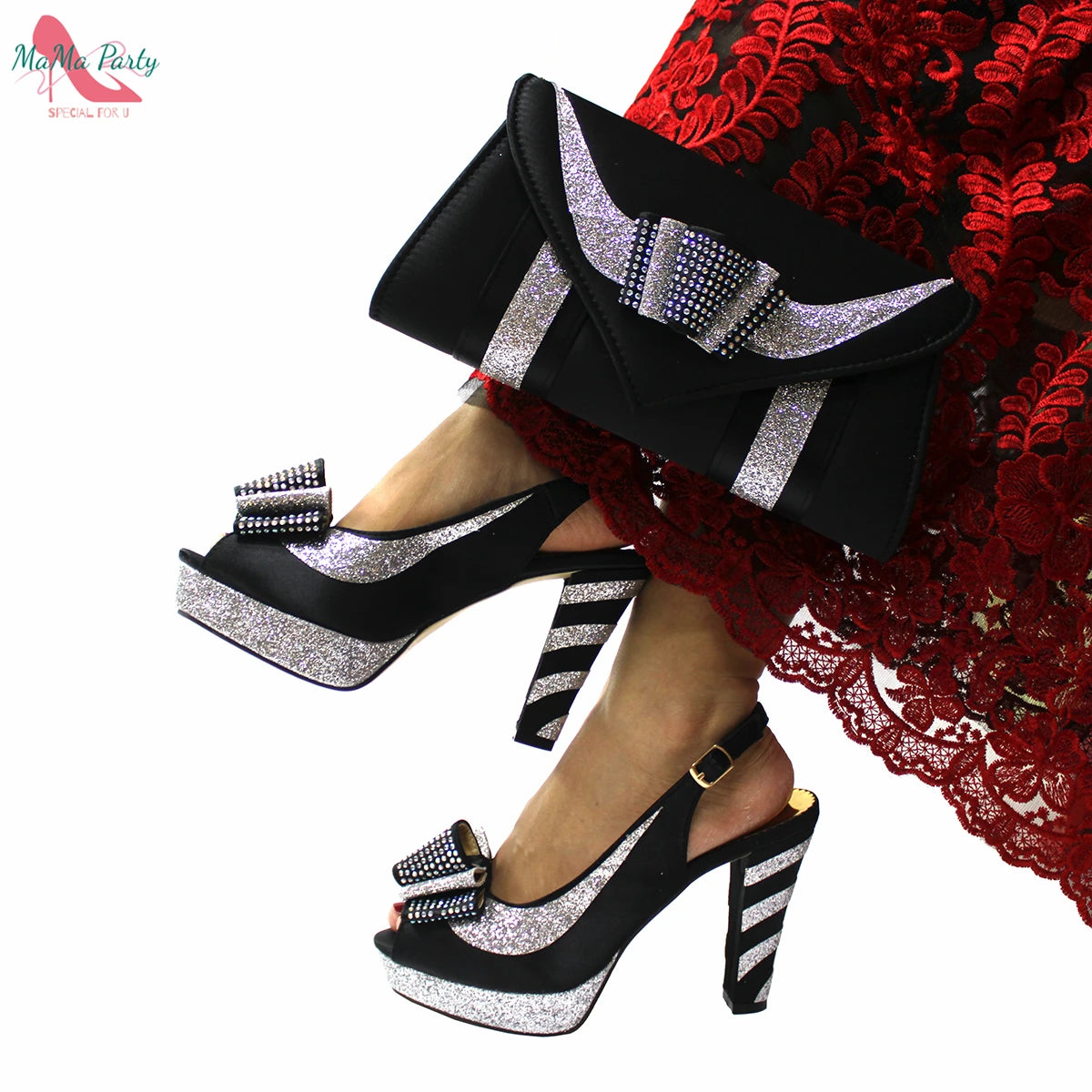 2025 Red Elegant Style Italian Women Shoes Matching Hand Bag Set  Slingbacks Sandals with Platform for Party