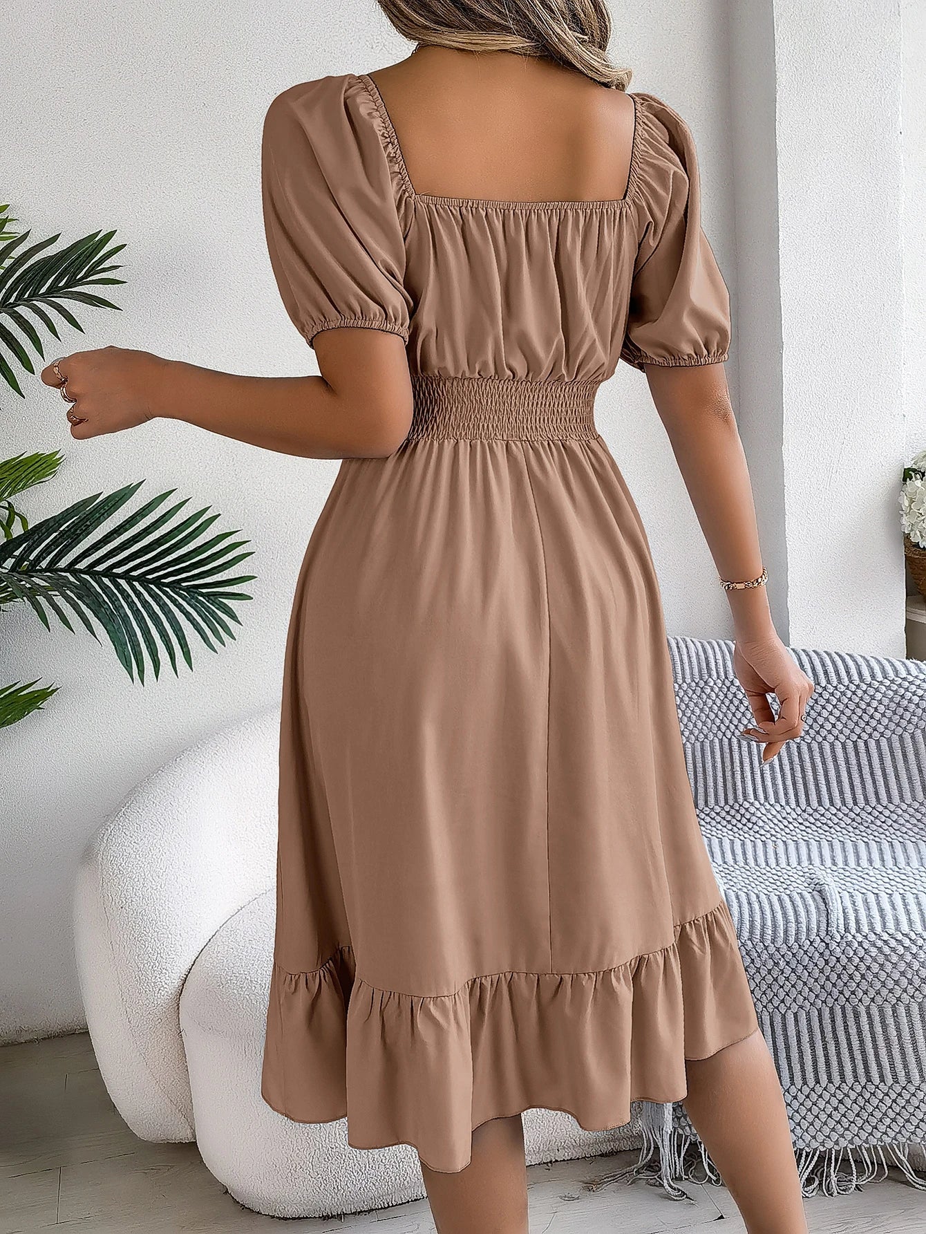 Spring Summer Elegant High Waisted Dress Square Neck Short Sleeved Ruffled Edge Long Dresses 2026 Valentine's Day Woman Clothing