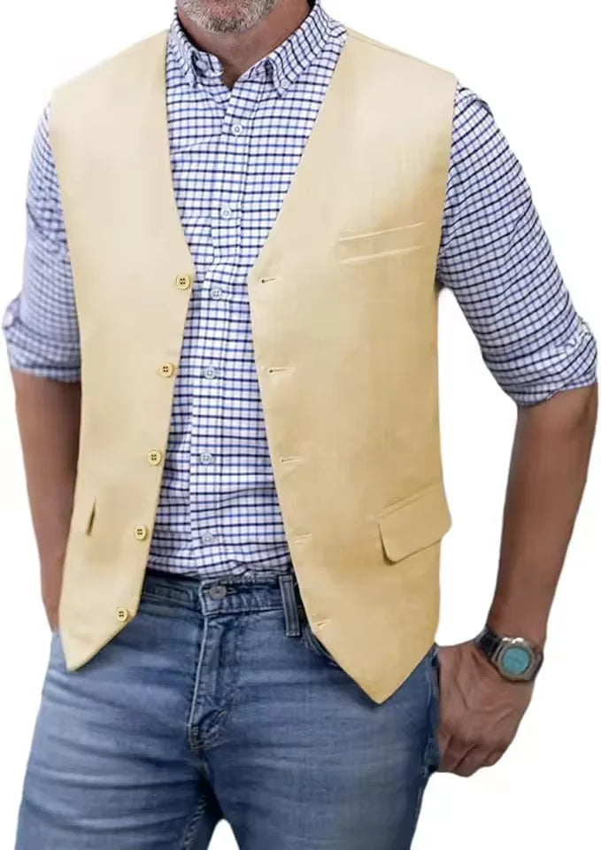 V Neck  Men's Vest Linen Suit Vest Summer Leisure Cotton Linen Waistcoat For Beach
