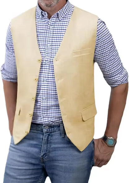 V Neck  Men's Vest Linen Suit Vest Summer Leisure Cotton Linen Waistcoat For Beach
