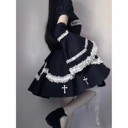 Lolita Cross Color Blo Puffy  Dr k Sle High Waist Princ Gown Long Sve A-Line Silhouette Everyday ...