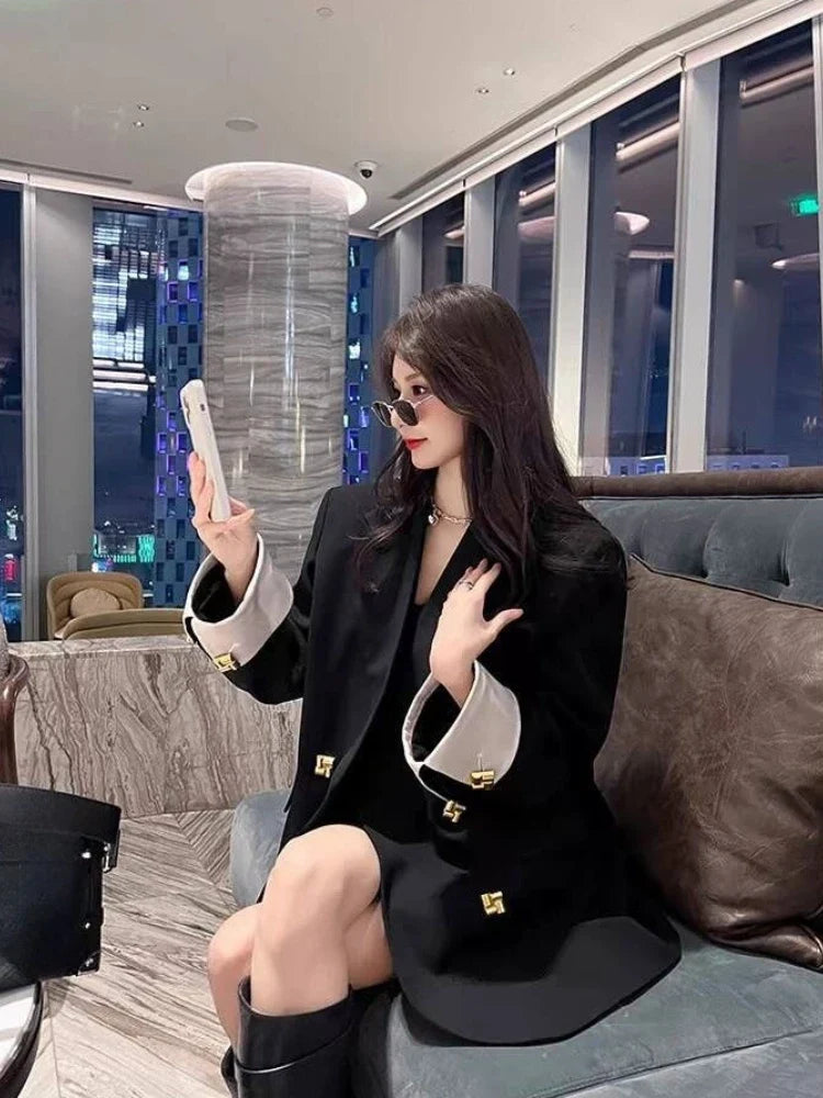 Unique Niche Black Double Breasted Women Blazer New Spring Autumn Office Commuter Mid Length Premium Light Luxury Suit Jacket