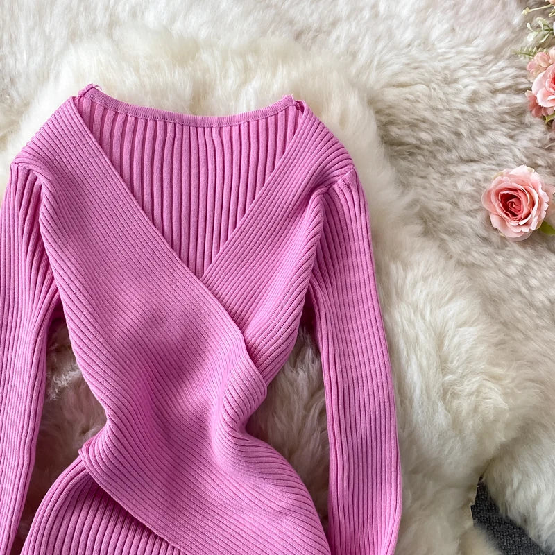 Autumn Winter 2025 Women Dress Elegant Cross V-neck Slim Waist Knitted Bodycon Dress Korean Office Lady Vestidos