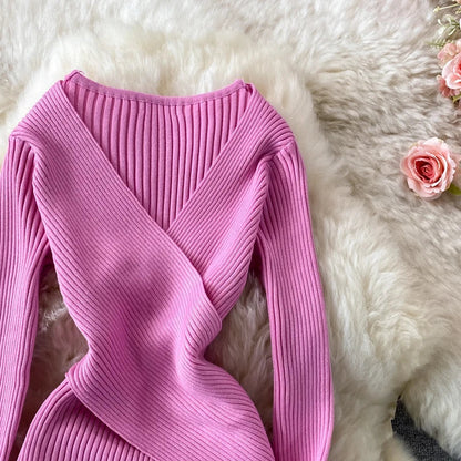 Autumn Winter 2025 Women Dress Elegant Cross V-neck Slim Waist Knitted Bodycon Dress Korean Office Lady Vestidos