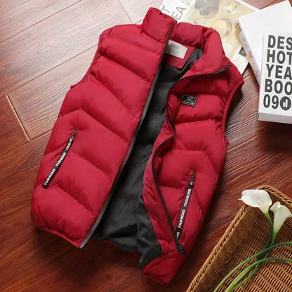 Winter Warm Men's Jacket Sleeveless Zipper Vest Solid Casual Vests Male Cotton-Padded Thickened Stand Collar Wear Outside