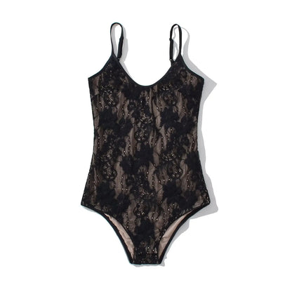 Sexy See Through Lace With Lining Backless Spaghetti Strap Bodysuit Woman Sling Tight Short Jumpsuit Slim Fit Rompers Playsuits