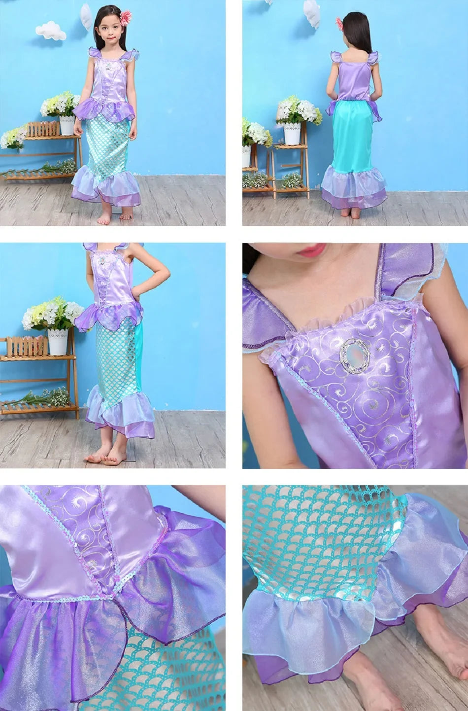 Little Girls Summer Clothing Children Ariel Mermaid Cosplay Blue Green Pink Sunshine Beach Enjoy Vacation Princess Ruffles Dress