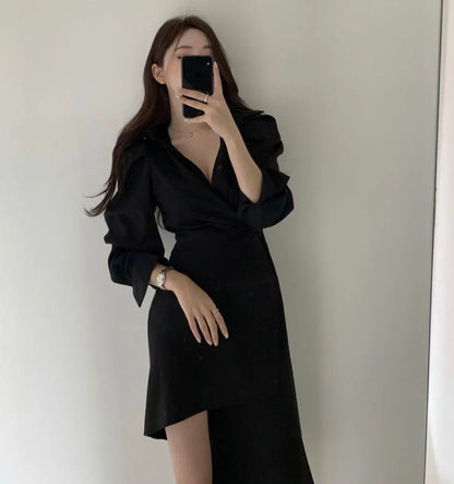 Early Autumn Shirt Dress Women's Mid-Length Asymmetrical Single-Button Notch Collar Slimming Style Commute Fashion