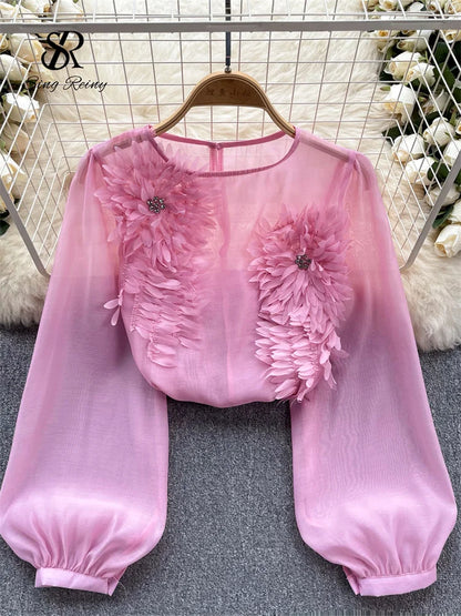Spring Loose Satin Blouse Women O Neck Long Sleeves Sheer Bohemian Top 2024 Transparent 3D Floral Casual Shirt