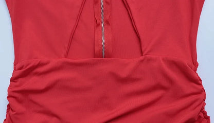 Eelgant Fashion Dresses For Women Solid Zipper Sheath Pleated Hollow Out Regular Long Sleeves Turtleneck Shoulder Pad