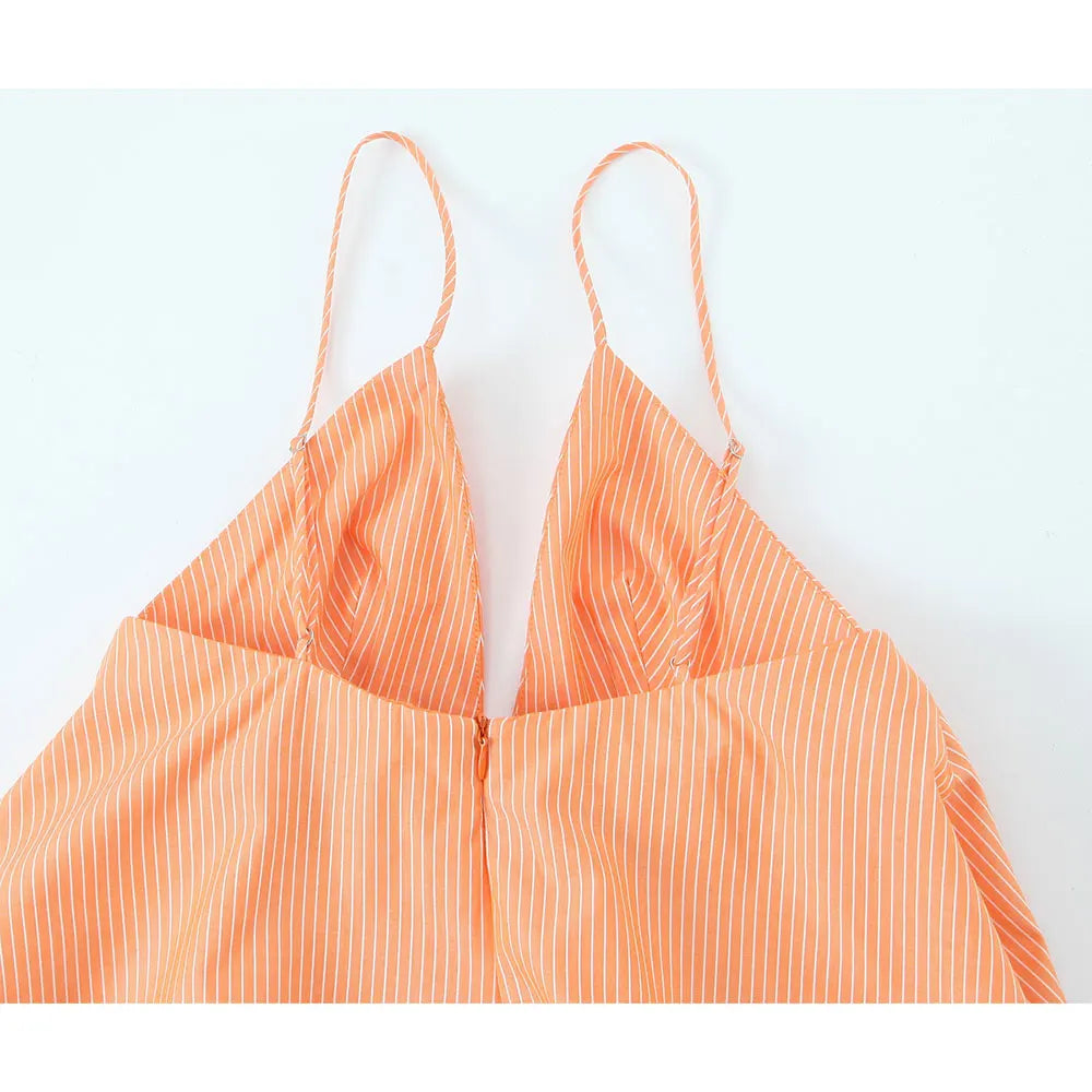 Women Summer Orange Striped Backless Zipper Mini Dress Thin Straps V-Neck Female Chic Lady Dresses Vestidos Para Mujer