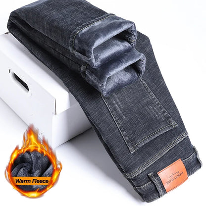 2025 Winter Fleece Jeans Men's Fashion Elastic Slim Straight Warm Trousers Thicken Business Casual Korean Thermal Denim Pants