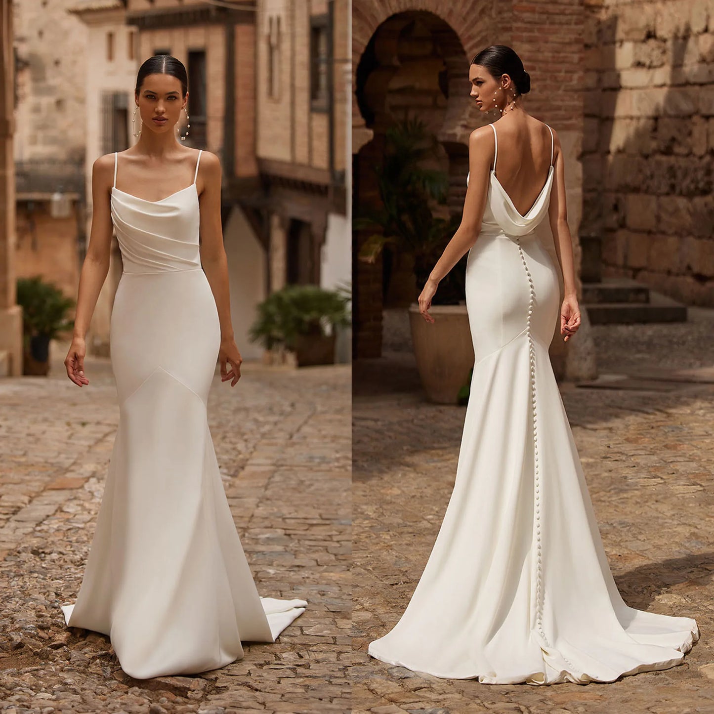 Customized Elegant Long Spaghetti Crepe Wedding Dresses Mermaid Pleated Vestido de novia Buttons Zipper Back Bridal Gowns 2026