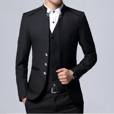 Black Stand Collar Men's 3-Piece, Wedding Party Blazer Jacket and Vest with Pants, Blue Asian Size Slim Fit Sets.