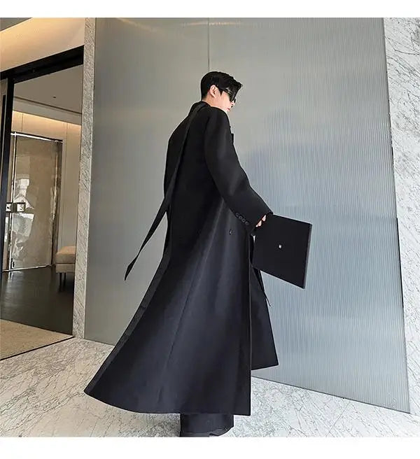 Spring Autumn Extra Logn Black Oversized Flowy Soft Trench Coat for Men with Back High Slit Loose Casual Overcoat