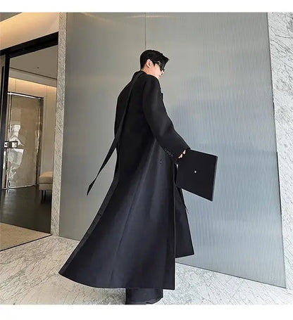 Spring Autumn Extra Logn Black Oversized Flowy Soft Trench Coat for Men with Back High Slit Loose Casual Overcoat