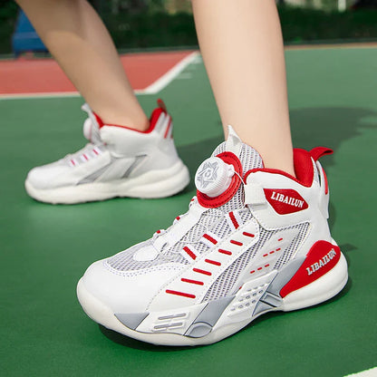 Kids Sneakers Basketball Shoes Boys Spring Fashion Rotating Button Anti-slip Shock Absorption School Students Sports Shoes