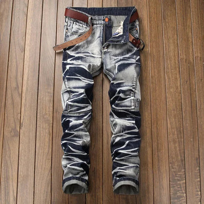 2026 Men's Fashion Vintage Jeans Slim Straight Leg Tie Dye Pleated Biker Denim Pants Male Casual Pants Oversized 42 High Quality
