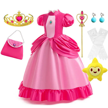 New 2026 Movie Inspired Lolita Princess Dress Super Plumber Bros's Friend Peach Costume Girls Pink Lace Frock Role Play Apparel