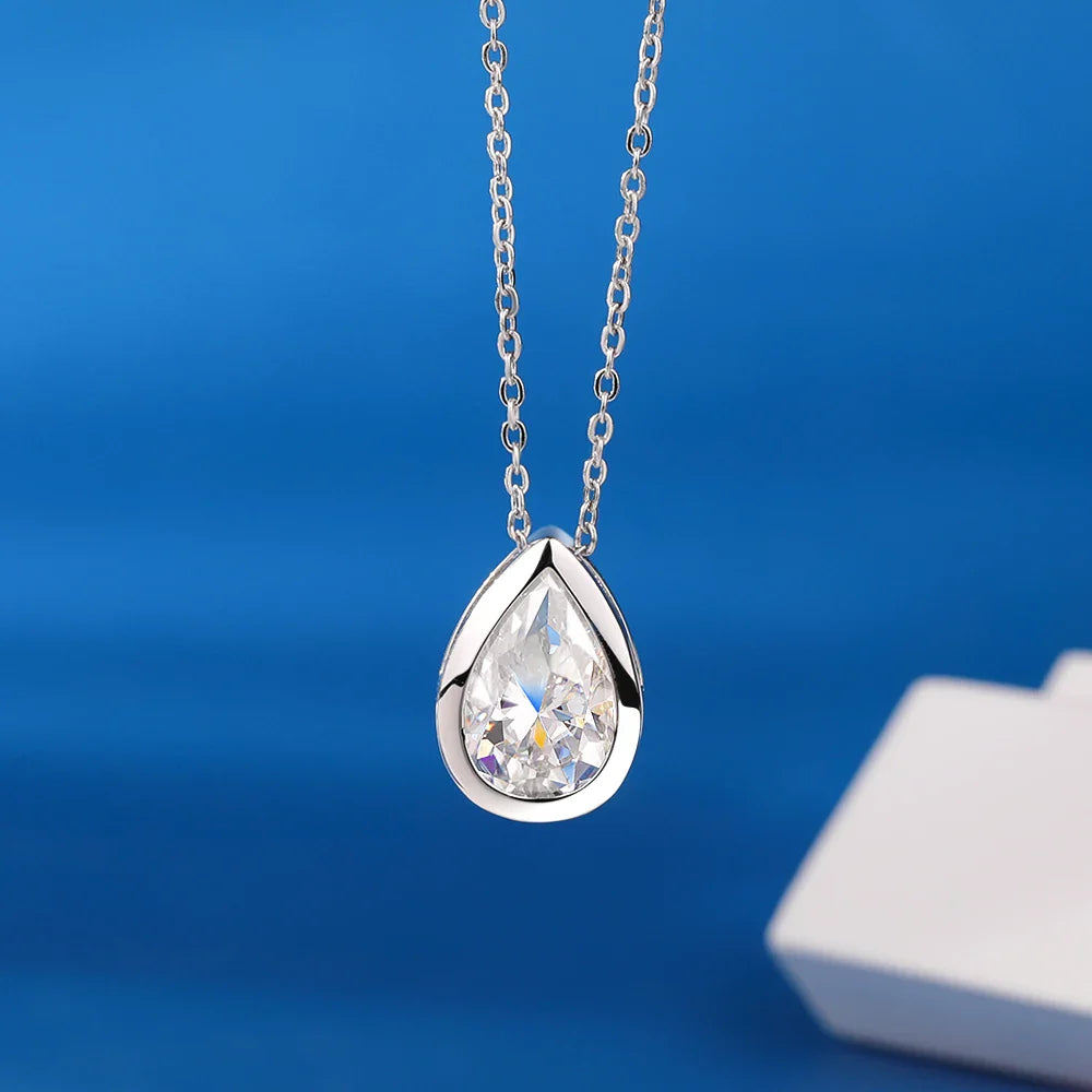 Bezel Set 1-4CT Pear Moissanite Solitaire Necklace for Women Teardrop Diamond Pendant Birthday Gift 925 Sterling Silver Jewelry