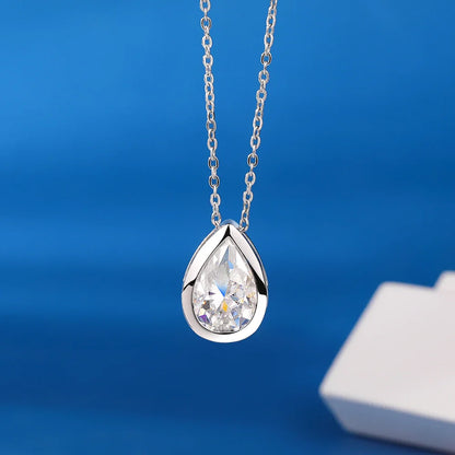 Bezel Set 1-4CT Pear Moissanite Solitaire Necklace for Women Teardrop Diamond Pendant Birthday Gift 925 Sterling Silver Jewelry
