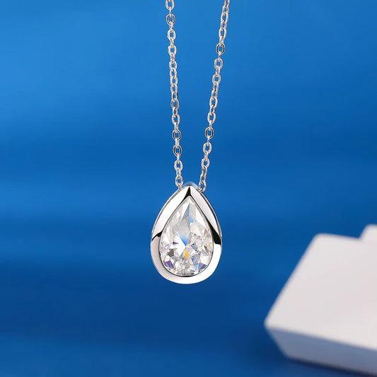 Bezel Set 1-4CT Pear Moissanite Solitaire Necklace for Women Teardrop Diamond Pendant Birthday Gift 925 Sterling Silver Jewelry