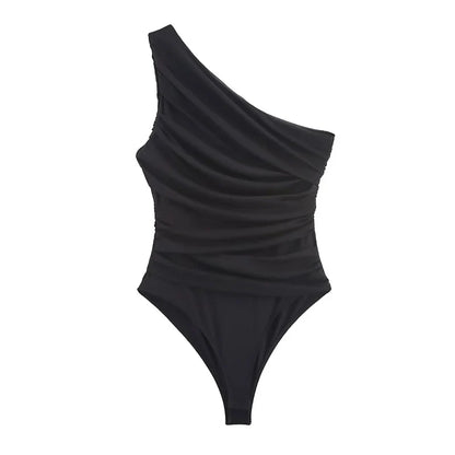 Summer Asymmetric Sleeveless Pleated Silk Mesh Bodysuit Women Single Shoulder Slim Fit Jumpsuit Female Beach Holidays Wear 2026